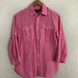 Ralph Lauren Sport Linen Shirt Womens Size 8 Safari Roll Tab Sleeve Button Up